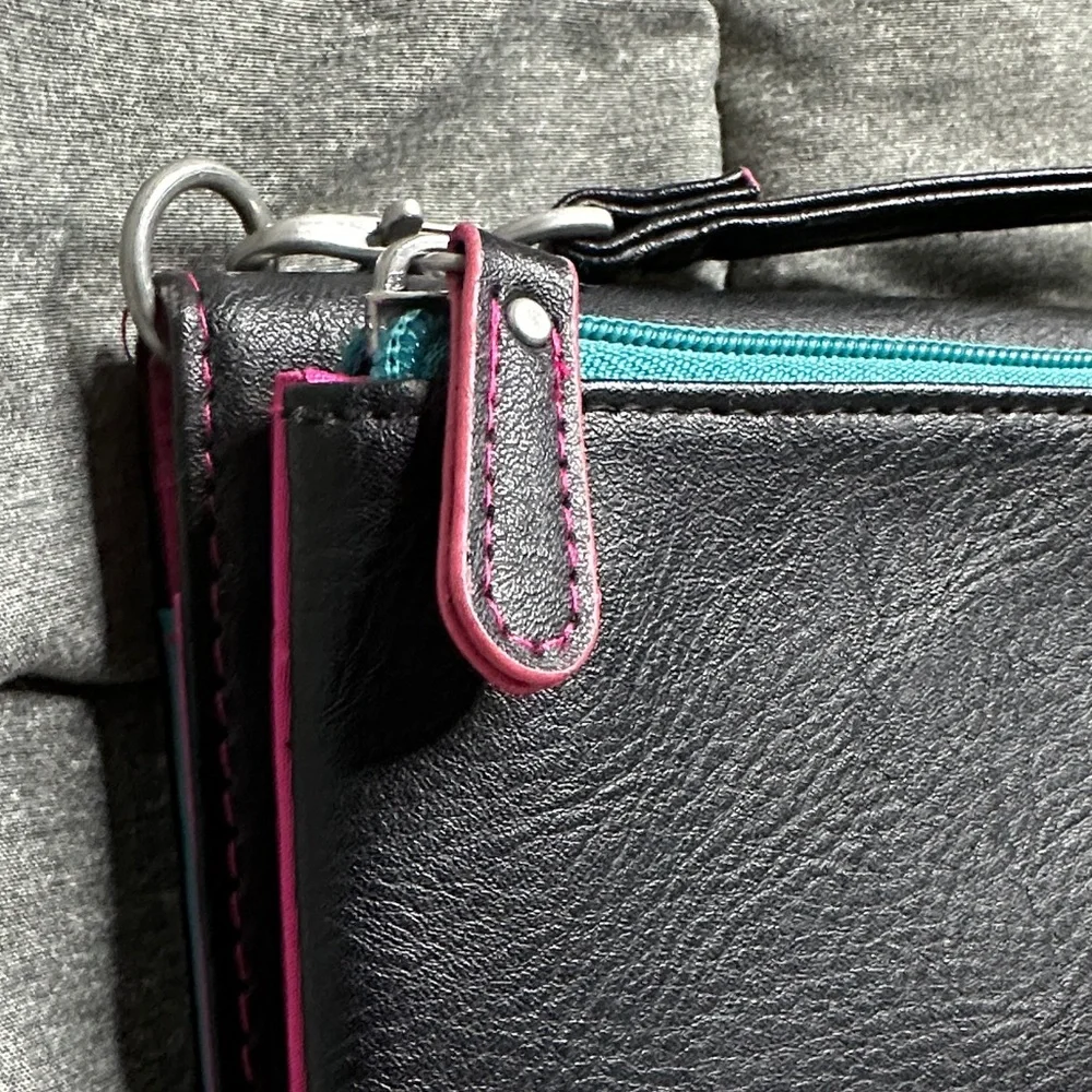 Skechers Crossbody Detachable Straps Card Holder Zip Pouch‎ Wallet Blk pink teal